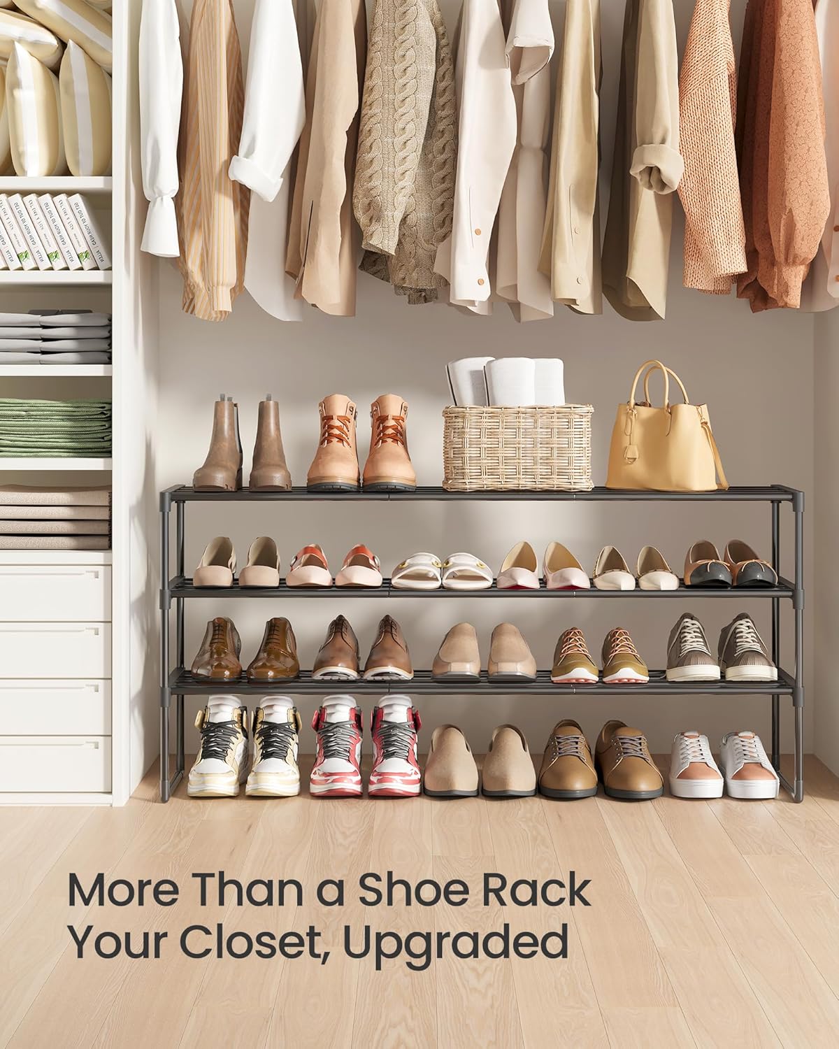 SONGMICS 3-Tier Shoe Rack - Stackable Metal Organizer for 20-24 Pairs | Black, 11.8 x 46.1 x 21.7 Inches