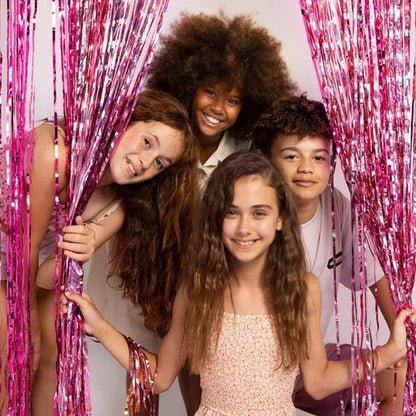 Foil Curtain Backdrop by [Brand Name] - Pink Metallic Tinsel Fringe for Parties & Events | 10 Pack