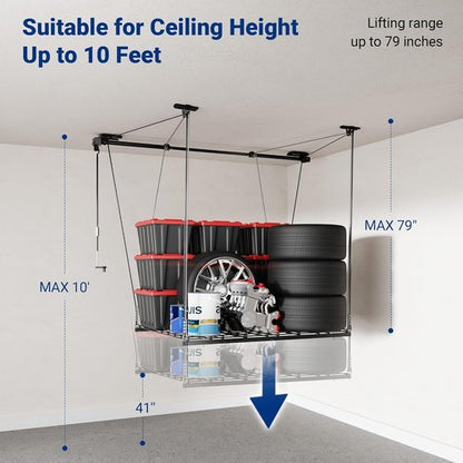 FLEXIMOUNTS GL1 Overhead Garage Storage Rack - Heavy-Duty 4x4 Ft Metal Ceiling Organizer | Adjustable, 350lbs Capacity, Black