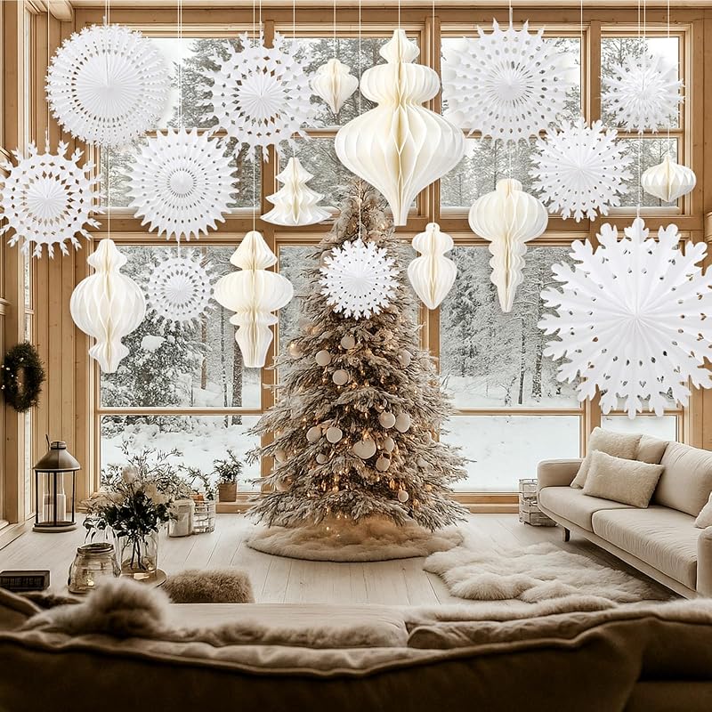 Snowflake and Honeycomb Christmas Decor Kit – 28 Pcs White Winter Wonderland