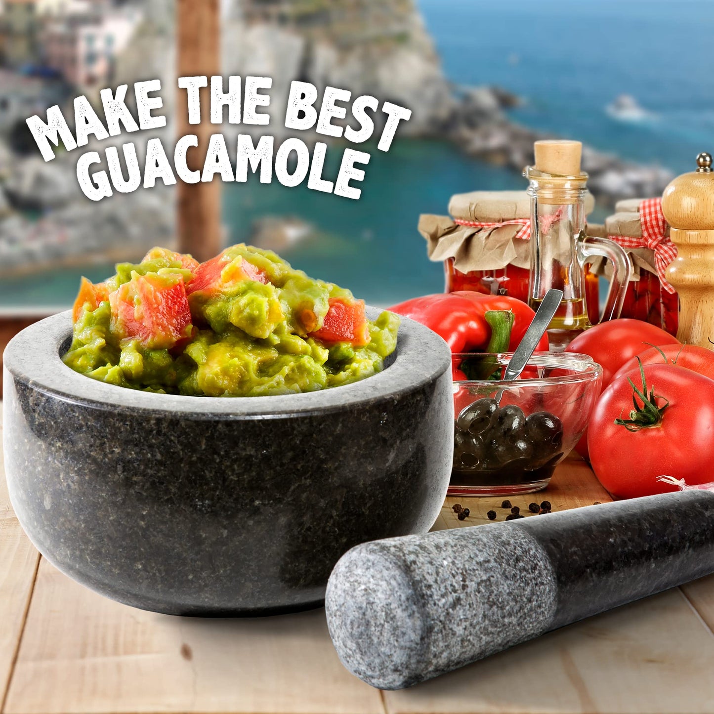 Heavy Duty Large Mortar and Pestle Set,100% Granite, Non Slip Base, Make Fresh Guacamole, Salsa, Pesto, Stone Grinder Bowl, Herb Crusher, Spice Grinder, 2 Cup, 6.3 Inch Size, Black