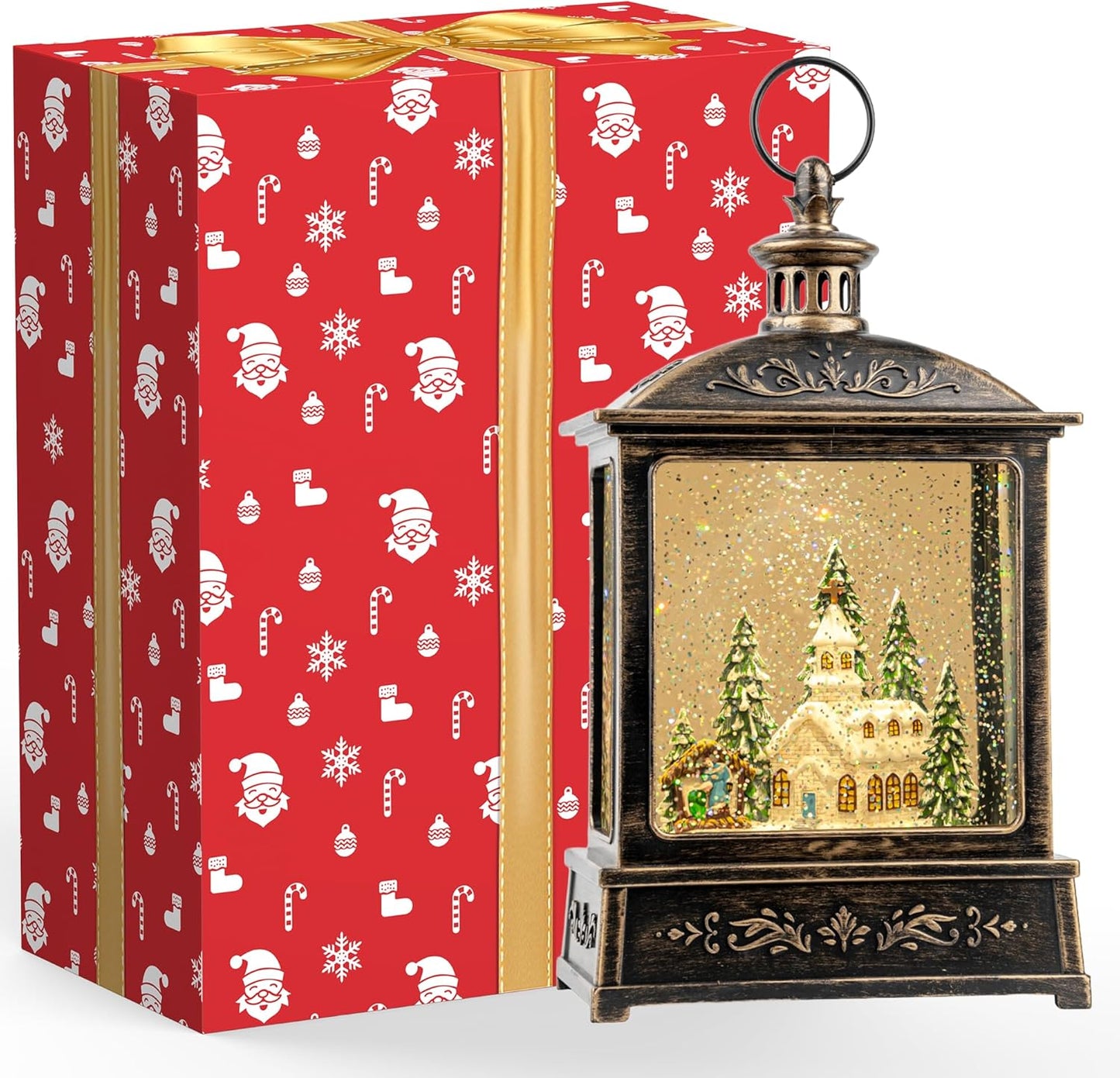 Skiennix 12.5'' Musical Snow Globe Lantern - Lighted Church with Nativity Scene | Battery or USB Powered Christmas Decor