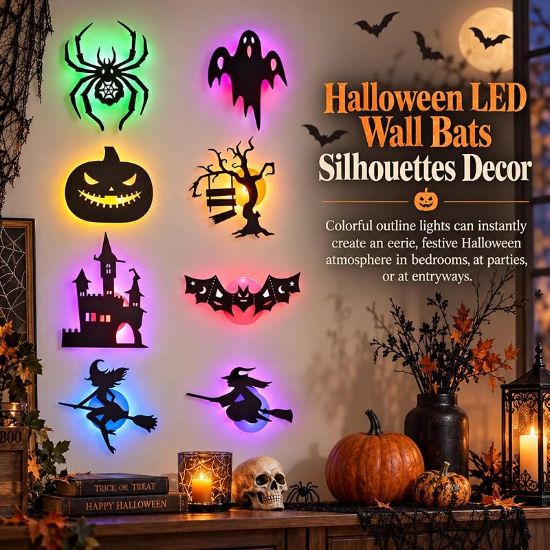 Halloween LED Wall Decor Lights 3D Bat Silhouettes – 24 Pcs Halloween Silhouette Set