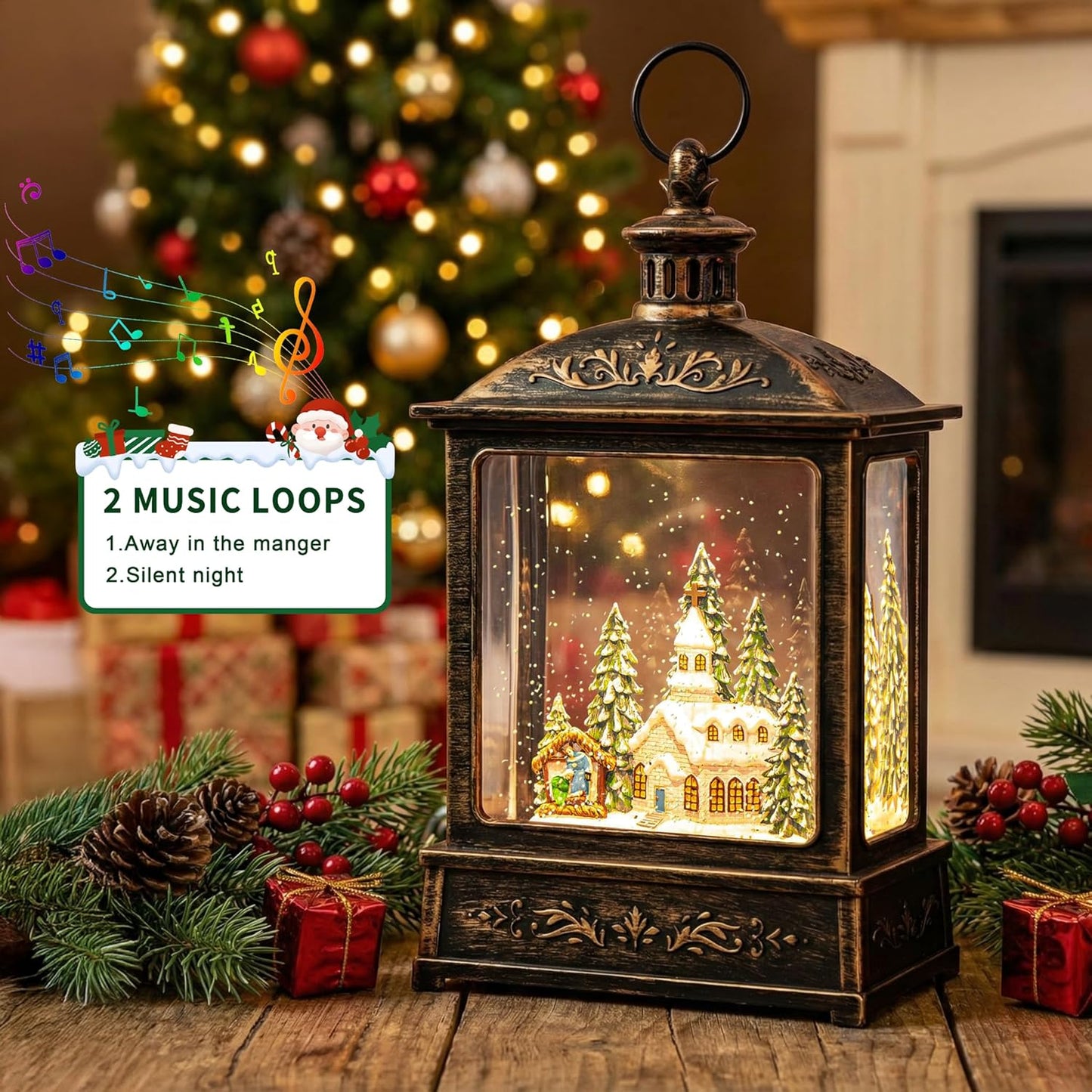 Skiennix 12.5'' Musical Snow Globe Lantern - Lighted Church with Nativity Scene | Battery or USB Powered Christmas Decor