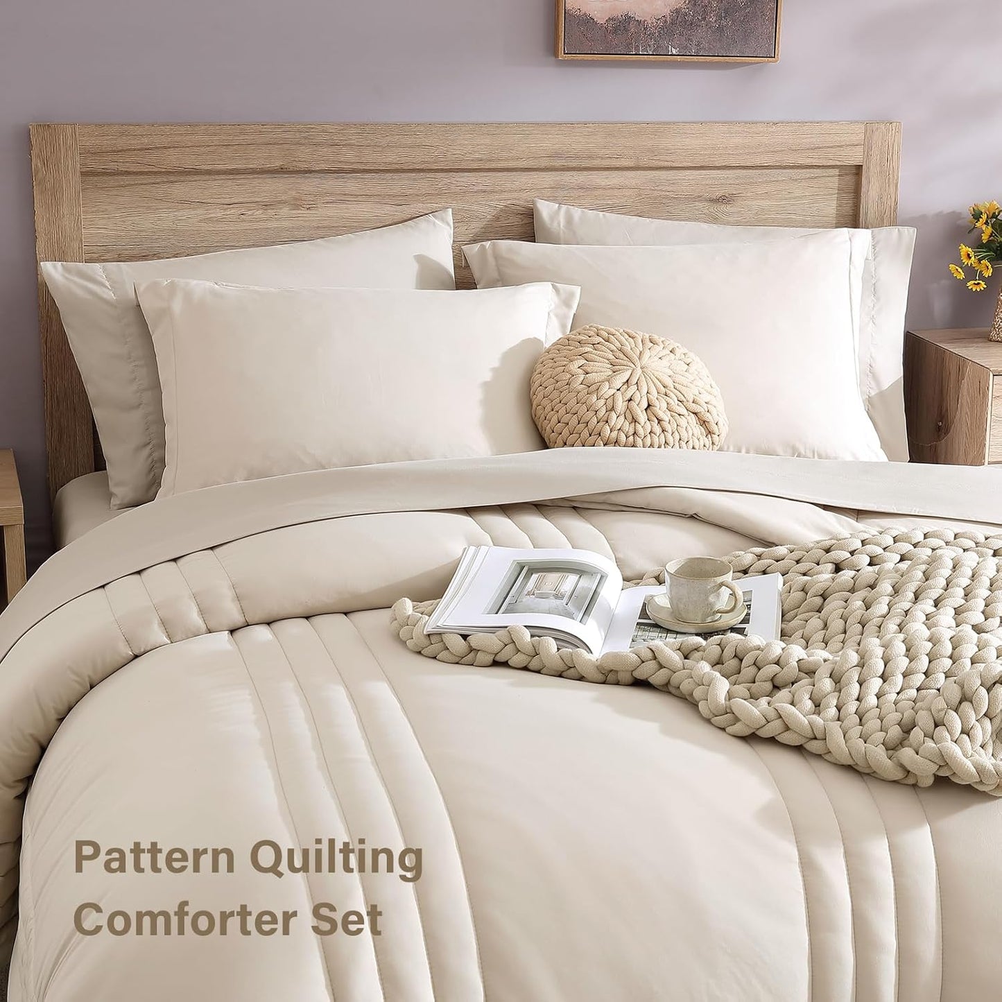 Monbix Queen Comforter Set - 7-Piece Beige Bedding Set | All-Season Comforter, Sheets & Pillowcases