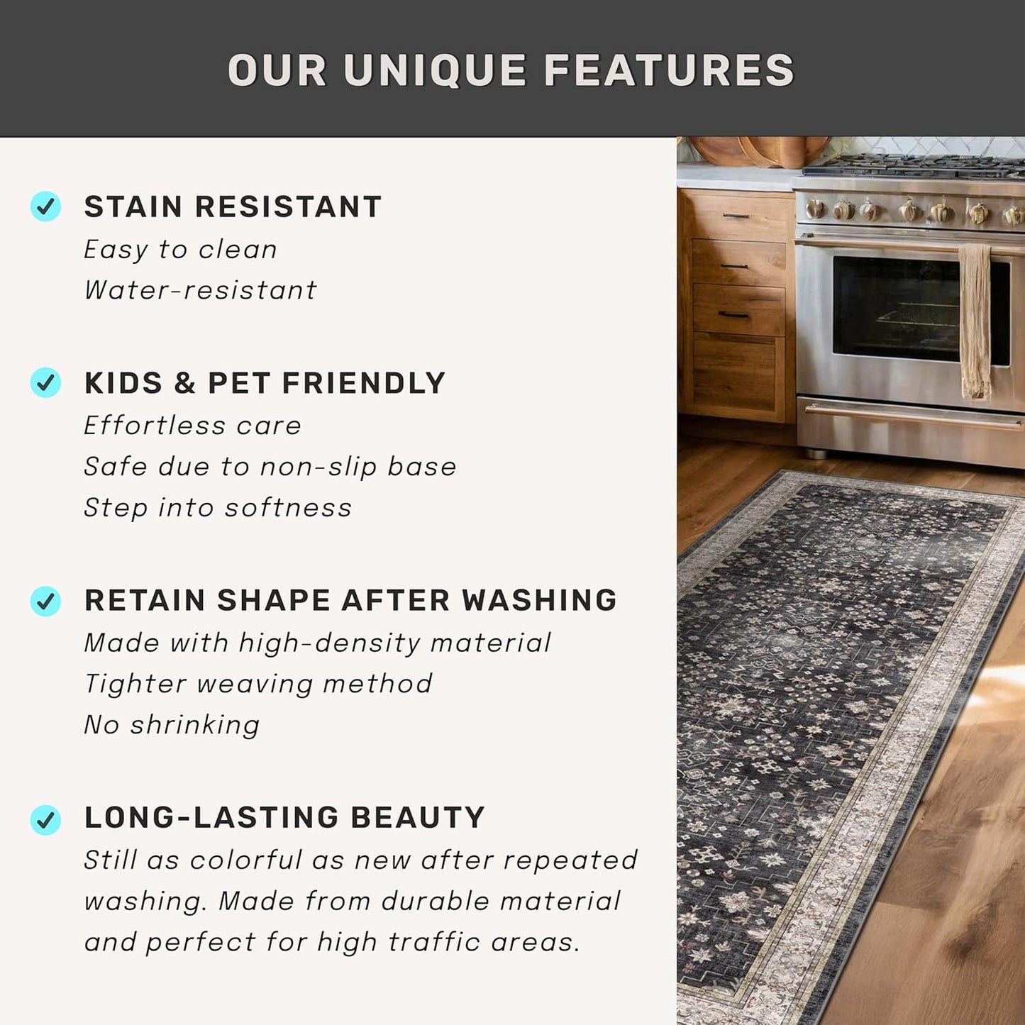 Skiennix Black Boho Runner Rug - Washable, Non-Slip, Stain Resistant | 2x6 ft for Hallway, Kitchen, Bedroom