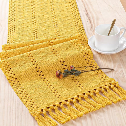 Mustard Yellow Macrame Table Runner 12 x 60 Inches with Tassels - Cotton Linen Blend, Boho Farmhouse Home Decor