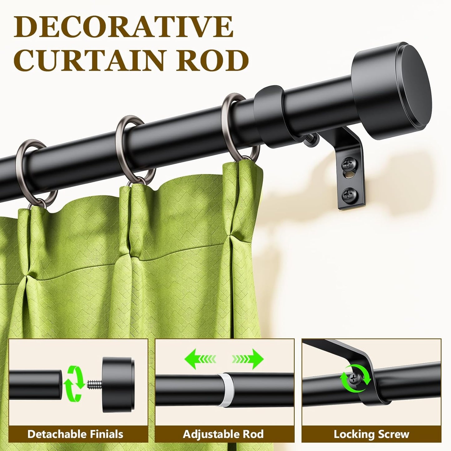 Skiennix Adjustable Black Curtain Rod Set - 32-96 Inch for Easy Installation | Includes Brackets