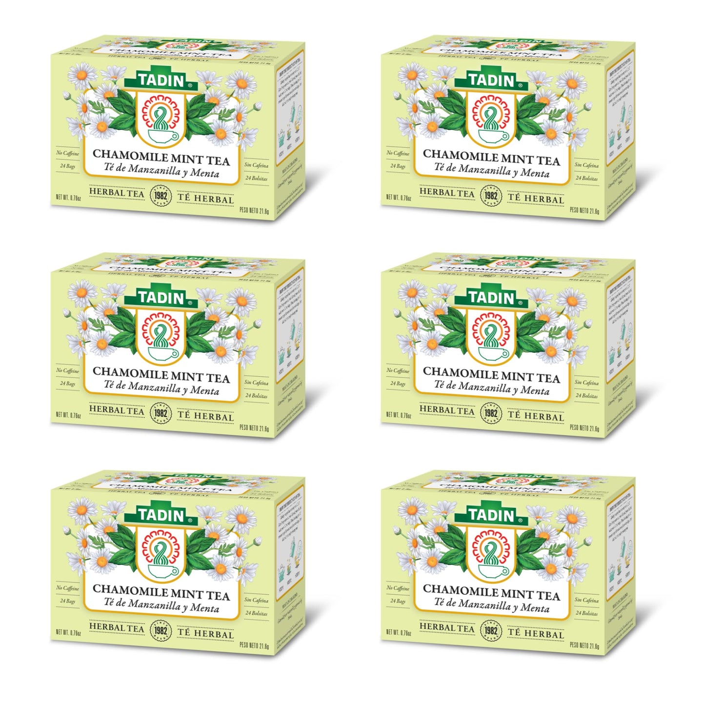 Tadin Chamomile & Mint Tea, Herbal Tea, Tea Bags Individually Wrapped, Caffeine Free Tea, 24 Tea Bags Per Box, Pack of 6