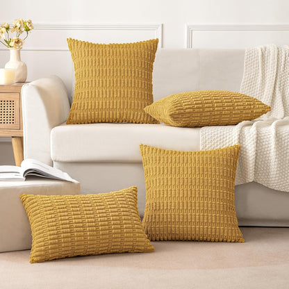 MIULEE Corduroy Throw Pillow Covers - Soft Boho Striped Design | 18x18 Inch Yellow Decor for Sofa & Bed