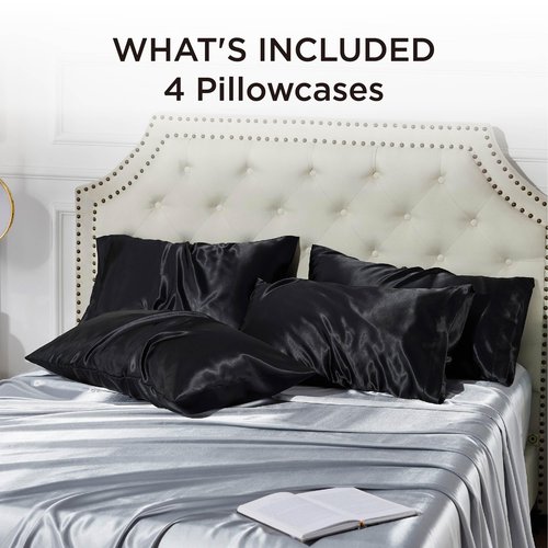 Bedsure Satin Pillowcases Standard Set of 4 - Black Silk Pillow Cases for Hair and Skin 20x26 inches, Satin Pillow Covers 4 Pack with Envelope Closure, Gifts for Women Men