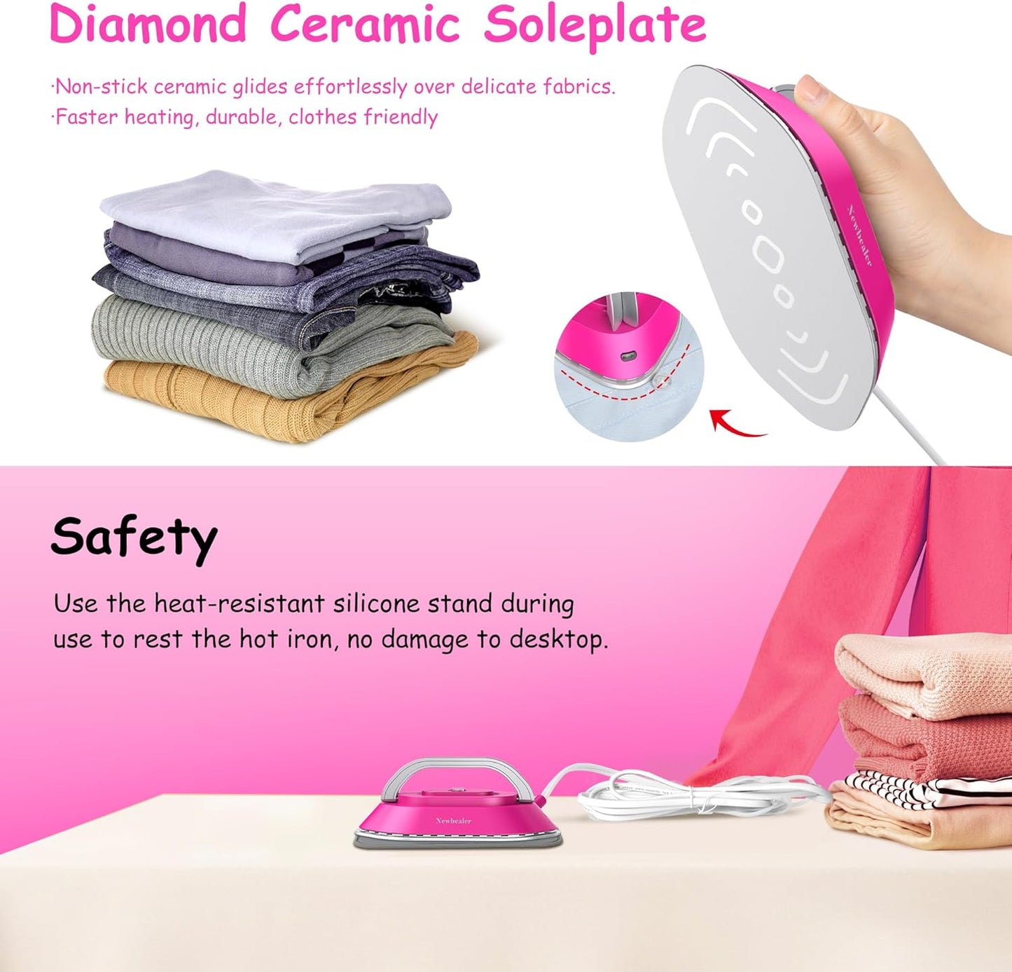 Newbealer Travel Iron - Mini Dry Iron with Global Voltage, 100-240V, 300W, Non-Stick Soleplate | Hot Pink, Ultra-Lightweight