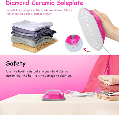Newbealer Travel Iron - Mini Dry Iron with Global Voltage, 100-240V, 300W, Non-Stick Soleplate | Hot Pink, Ultra-Lightweight