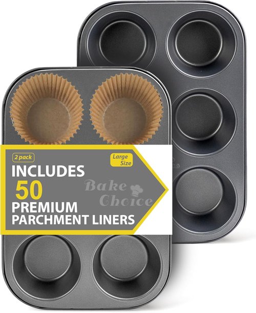 Bake Choice Jumbo Muffin Pan Set - Nonstick 6 Cup Design with 50 Natural Jumbo Cupcake Liners