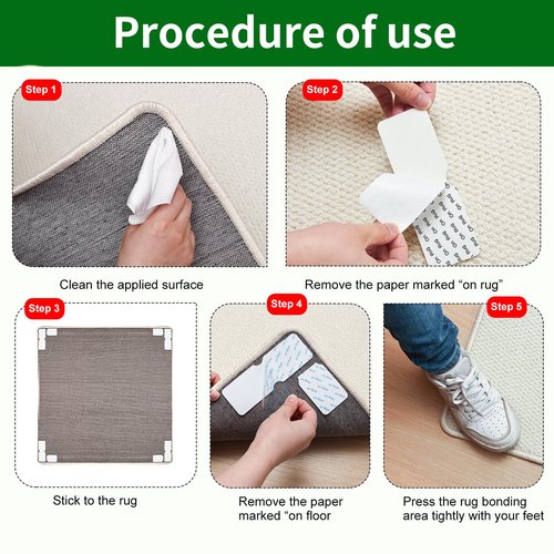 Sahhika Rug Tape,12Pcs Non Slip Grippers for Rug,Double Sided Reusable Rug Stopper Keep Area Rugs Corners from Curling and Bunching,Washable Rug Pad Grippers for Hardwood Floors, Tile Floors (White)