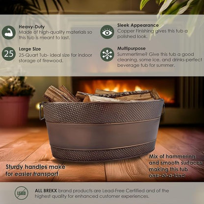 BREKX Copper Galvanized Tub for Indoor Firewood Storage Rack Log Holder - 25QT Heavy-Duty Portable Tub with Handles -Multi-Use for Planters, Blankets for Living Room, Etc