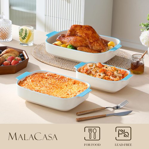 MALACASA Casserole Dishes Set of 3 - Ceramic Baking Pans with Handles | Rectangular Lasagna Pans in White with Blue Trim (13.8''/11.7''/9.4'')
