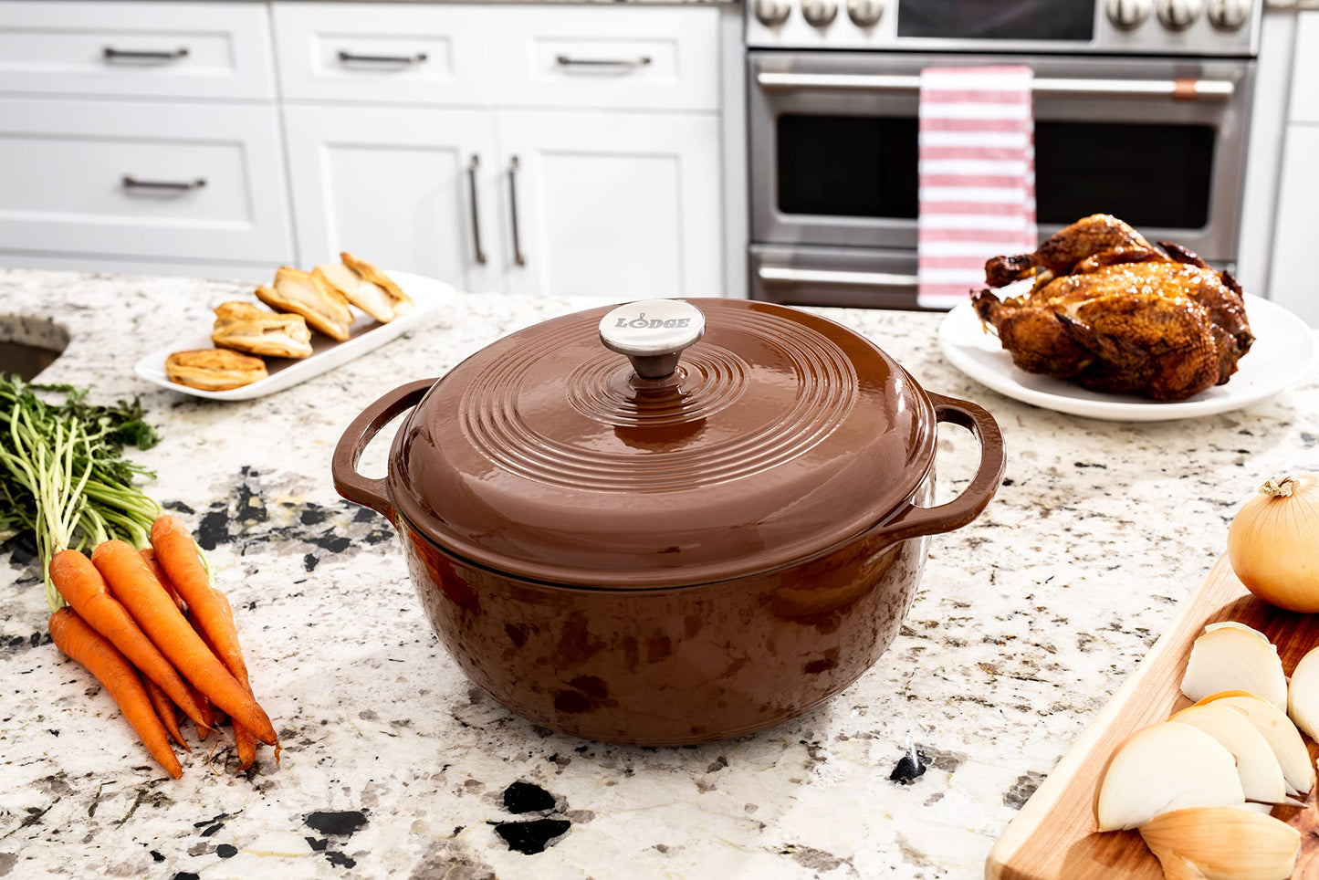 Lodge 6 Quart Enameled Cast Iron Dutch Oven with Lid – Dual Handles – Oven Safe up to 500° F or on Stovetop - Use to Marinate, Cook, Bake, Refrigerate and Serve – Burnt Sienna