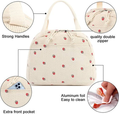 Bluboon Insulated Lunch Bag - Cute Corduroy Tote for Work, Picnic, or Travel | Large Capacity