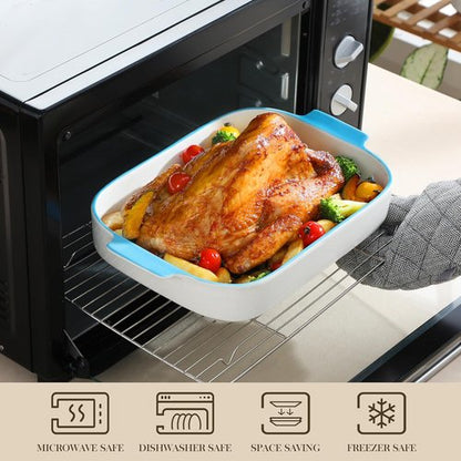 MALACASA Casserole Dishes Set of 3 - Ceramic Baking Pans with Handles | Rectangular Lasagna Pans in White with Blue Trim (13.8''/11.7''/9.4'')