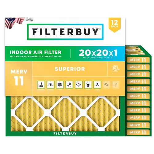 Filterbuy 20x20x1 Air Filter MERV 11 Superior Pet & Allergy Defense (12-Pack), Electrostatic Pleated HVAC AC Furnace Filters Replacement (Actual Size: 19.50 x 19.50 x 0.75)