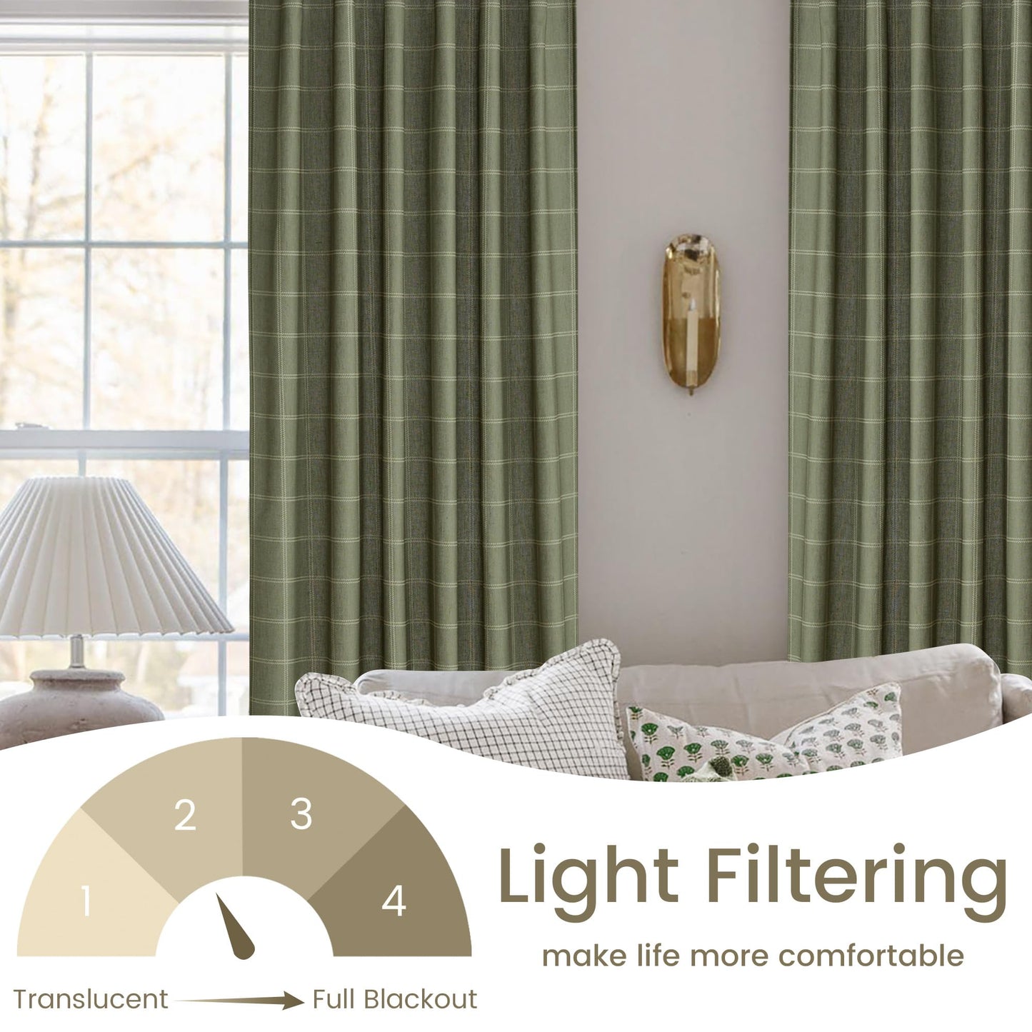 NICETOWN Linen Plaid Curtains Modern Window Panels Moss Green Check Tartan Light Filtering Curtains for Living Room Bedroom, Rod Pocket Back Tab, 2 Panels, 52 inch Wide x 84 inch Long