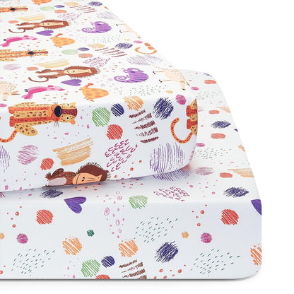 TILLYOU Baby Crib Sheets - Super Soft Toddler Bed Sheets | 2 Pack for Standard Crib Mattress 28x52in, Animal Graffiti