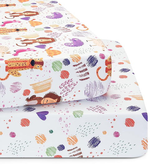 TILLYOU Baby Crib Sheets - Super Soft Toddler Bed Sheets | 2 Pack for Standard Crib Mattress 28x52in, Animal Graffiti