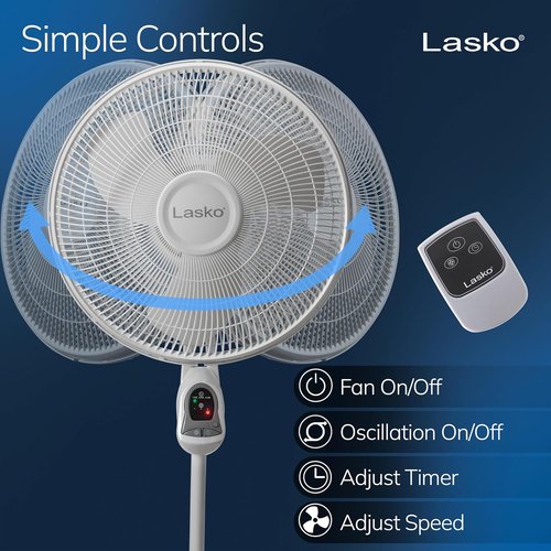 Lasko 16-Inch Oscillating Pedestal Stand Fan - Adjustable Height, Timer & Remote Control | Ideal for Home & Office