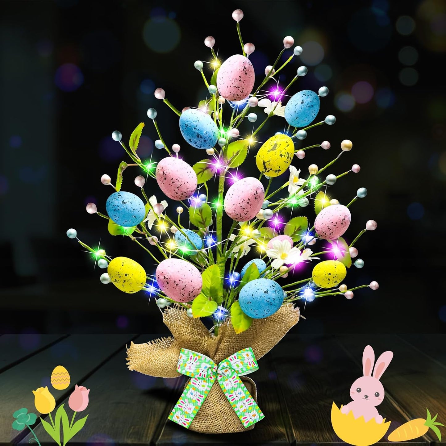 Skiennix Lighted Easter Egg Tree - 20'' Tabletop Decor with Timer | Artificial Centerpiece for Spring Home Decor