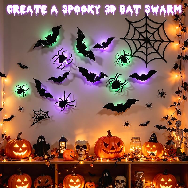 LED Halloween Wall Decor Set – 42pcs 3D Bats & Spiders with Green & Purple Lights