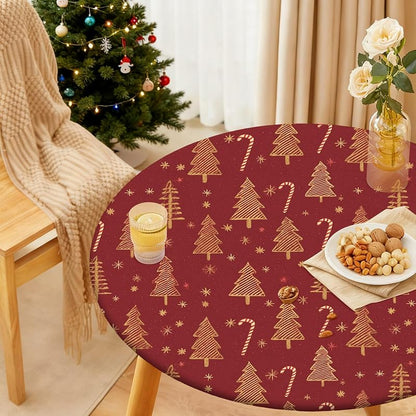 Round Fitted Christmas Tablecloth 37-44in - Elastic Edge, 65in Table Coverage - ARTSGOO Tree + 44" Variation