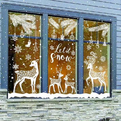 Winter Window Clings 6 Sheets Snowflake Reindeer Pine Decor - Reusable PVC Window Decals