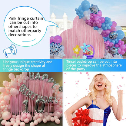 Skiennix Pastel Pink Birthday Party Backdrop - Foil Fringe Curtain 3.3x8.2ft | 2 Pack Streamers for Baby Showers & Bachelorette Parties
