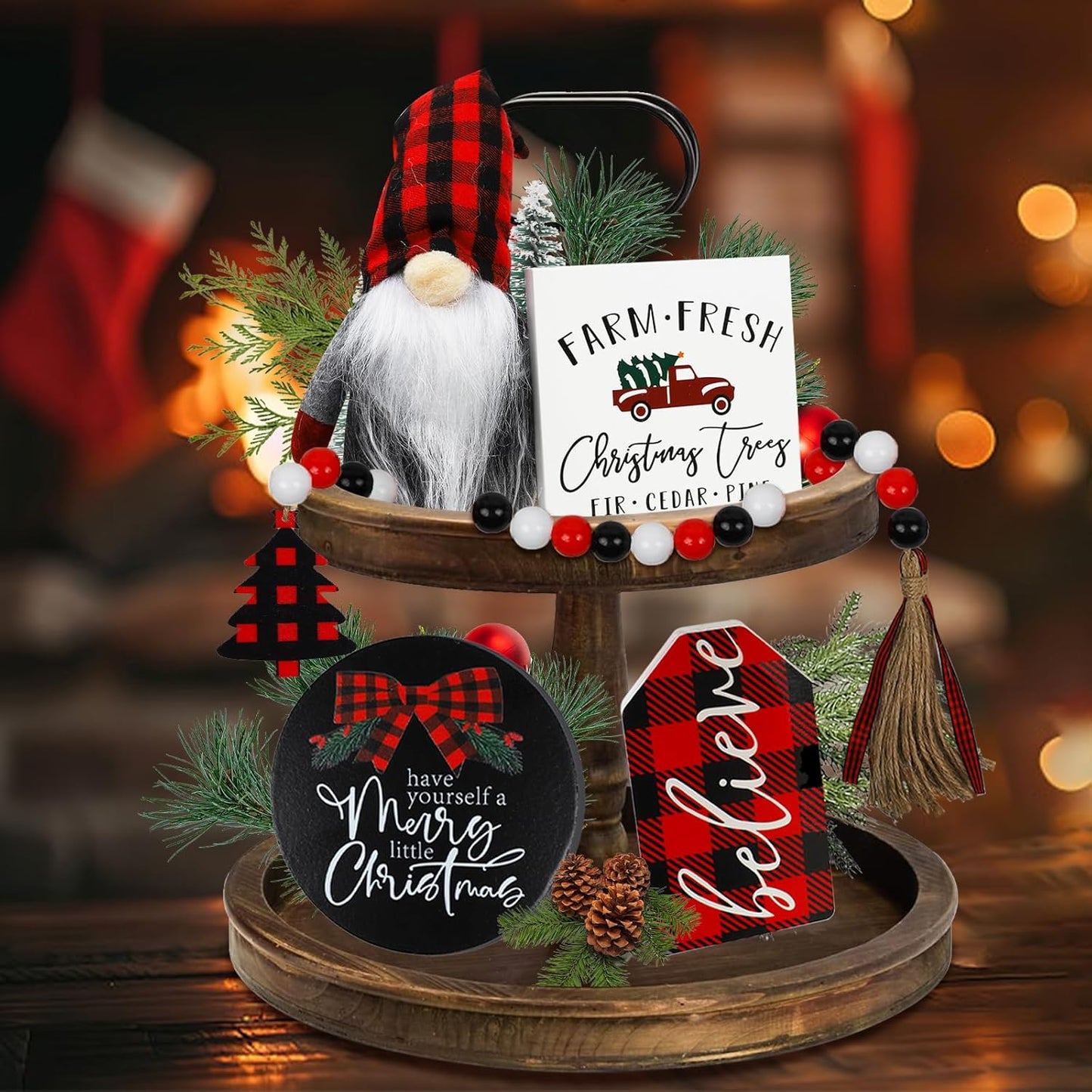 Skiennix Christmas Decorations - Wooden Gnome Signs & Plush Bead Garland Set for Winter Home Decor