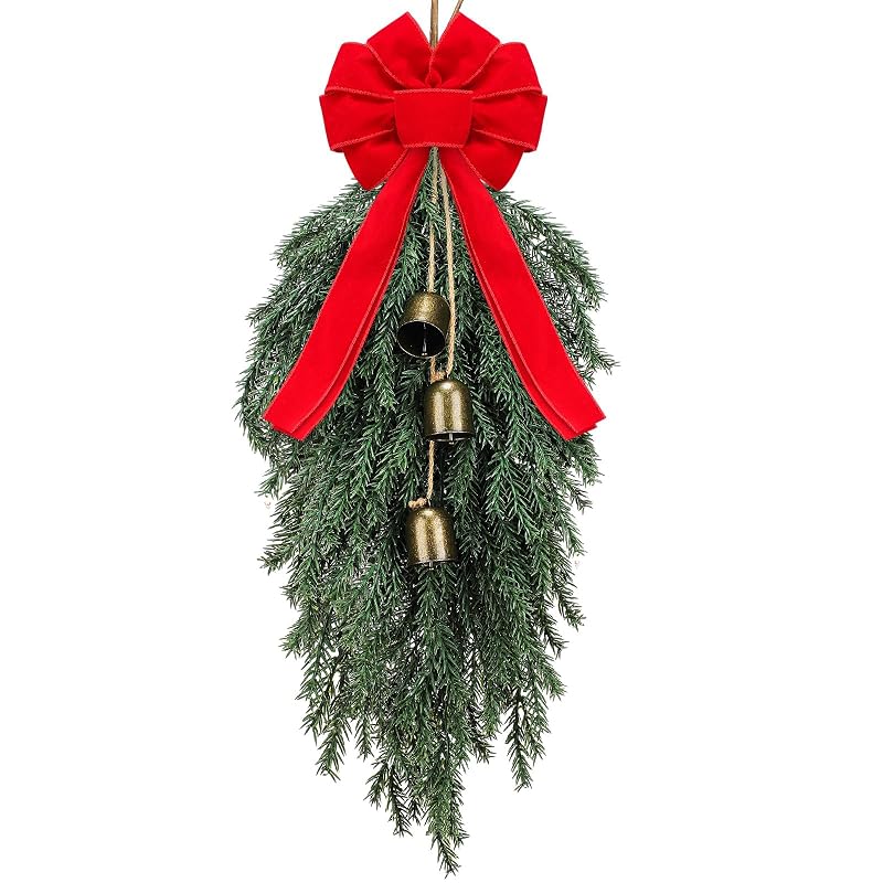 Dingion 23.6in Teardrop Christmas Swag with Bells & Red Bow - Faux Spruce Variation of THIS listing Faux Spruce