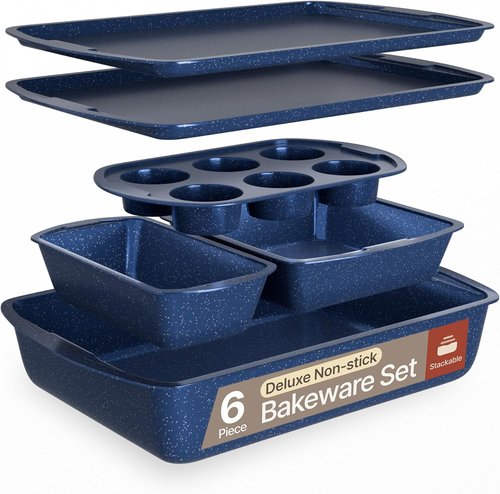 BAKKEN Nonstick Baking Pan Set - Blue Marble Coating, Commercial Grade Carbon Steel | Oven Safe Up to 450°F, Set of 6