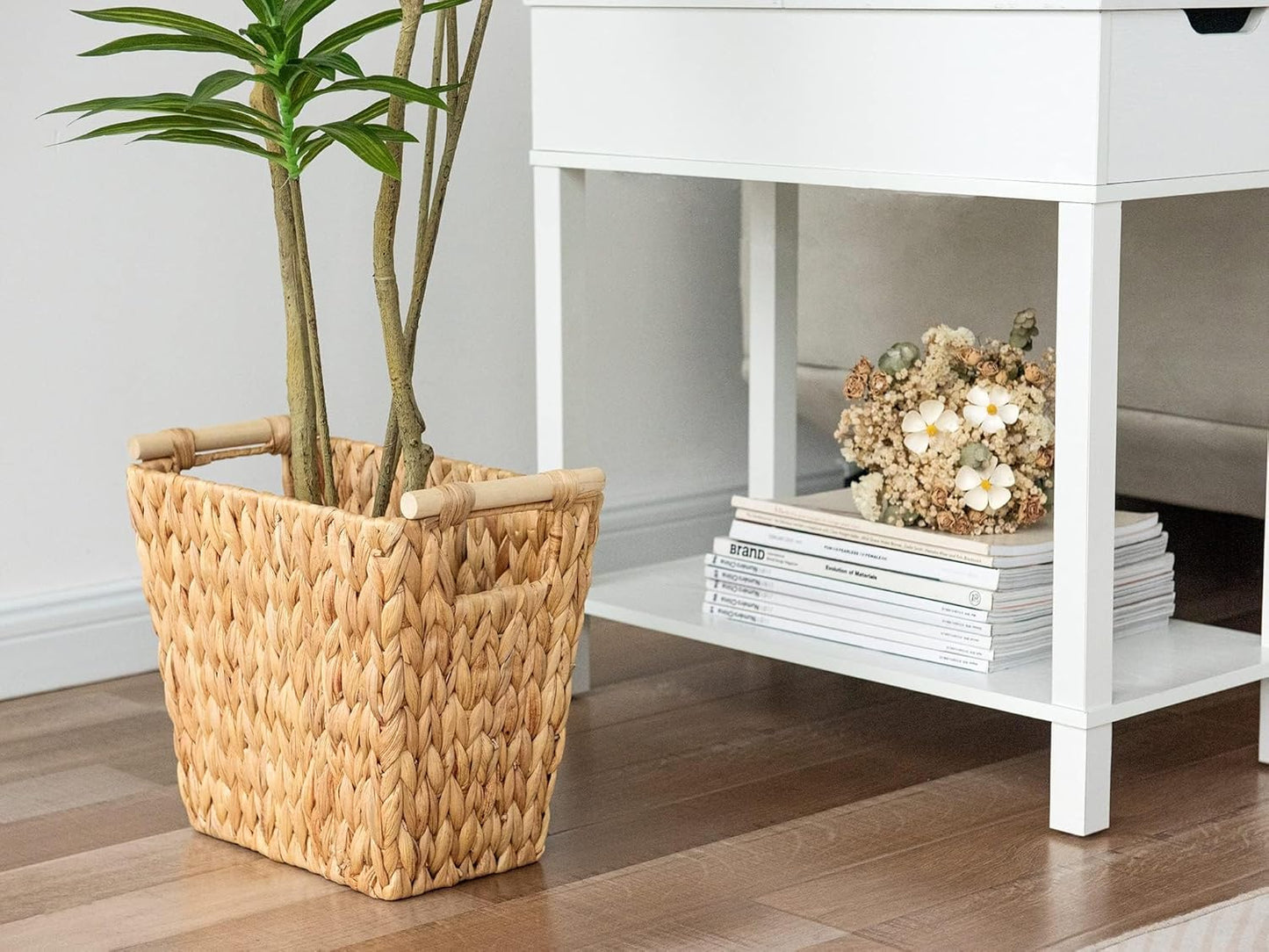 StorageWorks Wicker Waste Basket - Stylish Bathroom Trash Can with Wooden Handles | 12 Liters