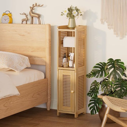 AmazerBath Toilet Paper Holder Cabinet, Bamboo Toilet Paper Holder Stand for Bathroom, Small Toilet Paper Storage Cabinet with Rattan Door, 30.3x7.8x7 inches