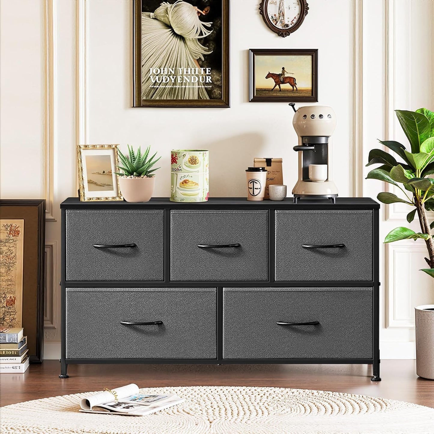 Regine Switzerland 5-Drawer Dresser - Anti-Tip Fabric Storage Organizer with Wooden Top | Gray