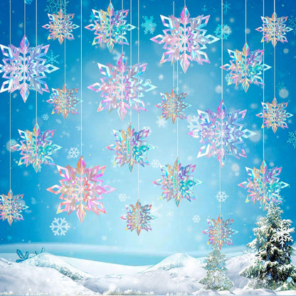 Skiennix 15PCS Christmas Hanging Snowflakes - 3D Iridescent Paper Ornaments for Winter Decor