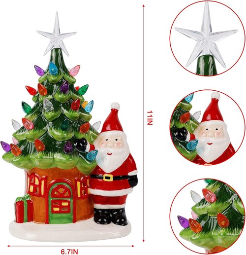 Juegoal Lighted Ceramic Christmas Tree - 11" Pre-Lit Tabletop Decoration with Santa & Multicolor Bulbs