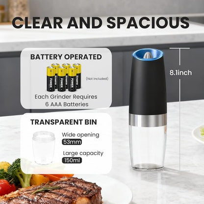Gravity Electric Salt and Pepper Grinder Set - Automatic, Adjustable Coarseness, LED Light | 2 Pack (Black)