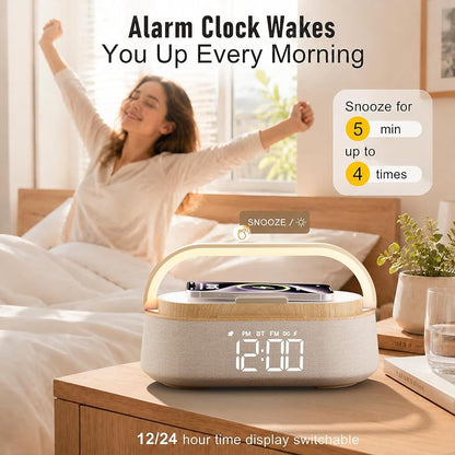 Wood Variation 6-in-1 Alarm Clock with Bluetooth Speaker, Wireless Charger, FM Radio, Night Light