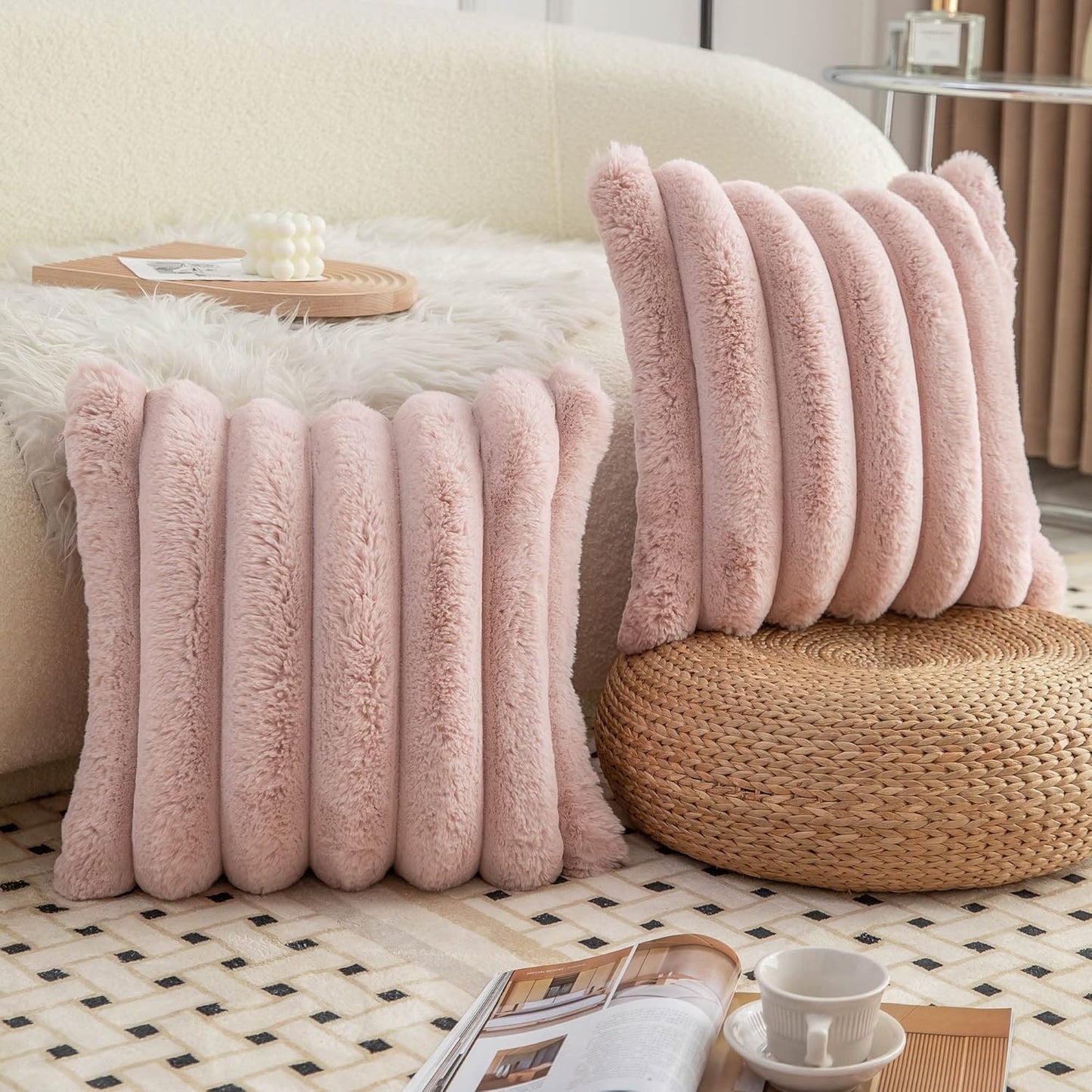 Neelvin Pink Faux Fur Throw Pillow Covers - Cozy Soft Striped Design | Set of 2, 18x18 Inch Velvet Cushion Cases for Sofa