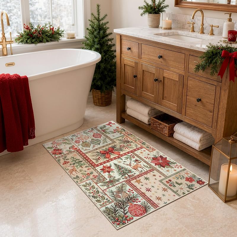 2x3 Christmas Entryway Rug - Boho Patchwork, Washable Beige 2' x 3' (Variation: Beige)