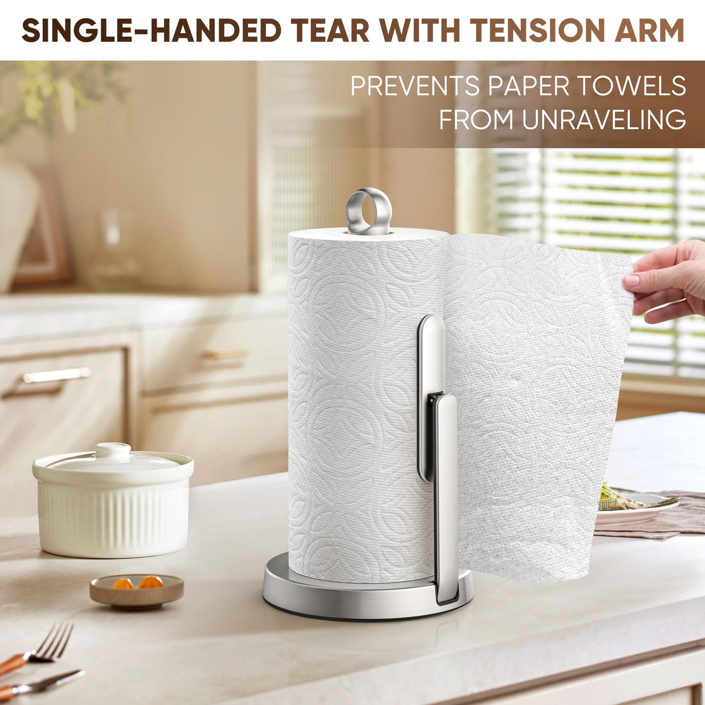 theaoo Heavy-Duty Stainless Steel Paper Towel Holder with Tension Arm – Easy One-Handed Tear, Modern Standing Countertop Dispenser for Kitchen, Holds All Paper Towel Rolls (1, Silver)