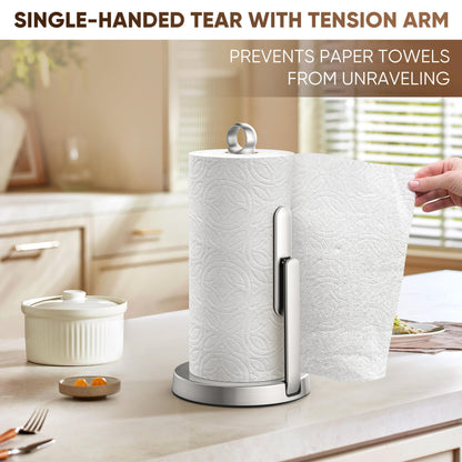 theaoo Heavy-Duty Stainless Steel Paper Towel Holder with Tension Arm – Easy One-Handed Tear, Modern Standing Countertop Dispenser for Kitchen, Holds All Paper Towel Rolls (1, Silver)