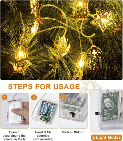 Fussion Ramadan String Lights - 20 LED Battery Operated Moon & Star Decor | 10.3 Feet for Home & Bedroom