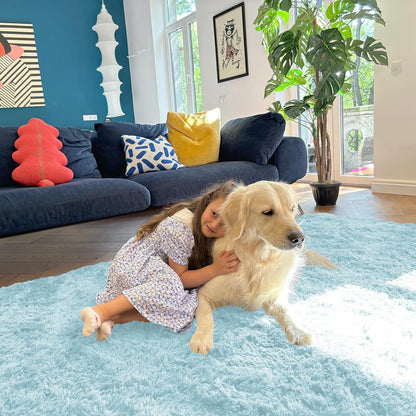 OLANLY Machine Washable Runner Rugs - Soft Fluffy Shaggy Indoor Carpet for Bedroom & Hallway | Light Blue 2x6 ft